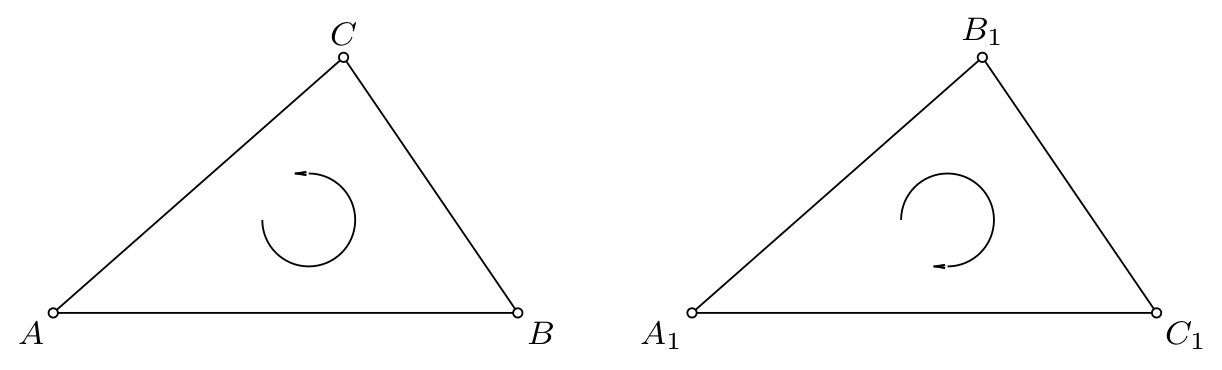 Слика 9: (a) Trougao ABC ima matematički pozitivnu orijentaciju. (b) Trougao A_1B_1C_1 ima matematički negativnu orijentaciju.